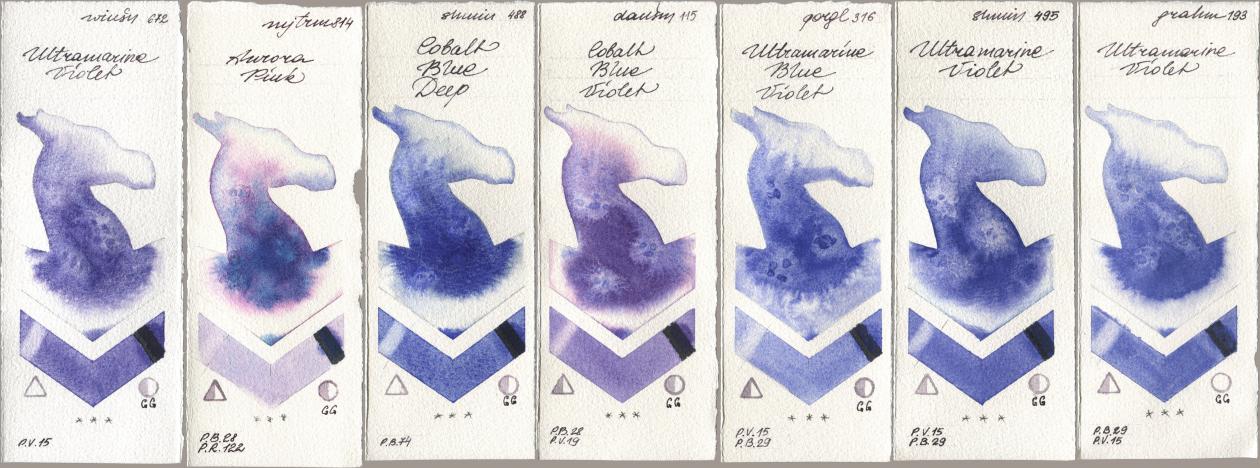 Winsor & Newton Professional 672 Ultramarine Violet, Mijello Mission Gold 814 Aurora Pink, Shminke Horadam Aquarell 488 Cobalt Blue Deep, Daniel Smith 115 Cobalt Blue Violet, Golden QOR 316 Ultramarine Blue Violet, 495 Ultramarine Violet, M. Graham & Co. Artists 193 Ultramarine Viol watercolor swatch