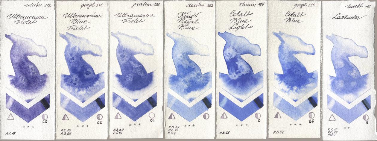 Winsor & Newton Professional 672 Ultramarine Violet, Golden QOR 316 Ultramarine Blue Violet, M. Graham & Co. Artists 193 Ultramarine Violet, Daniel Smith 252 King’s Royal Blue, Shminke Horadam Aquarell 487 Cobalt Blue Light, 320 Cobalt Blue, Holbein Artists Watercolor 116 Lavend watercolor swatch