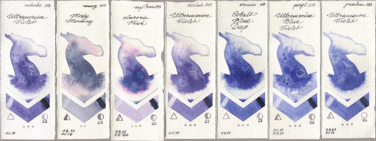 Winsor & Newton Professional 672 Ultramarine Violet, Roman Szmal Aquarius 415 Misty Morning, Mijello Mission Gold 814 Aurora Pink, Shinhan PWC 641 Ultramarine Violet, Shminke Horadam Aquarell 488 Cobalt Blue Deep, Golden QOR 316 Ultramarine Blue Violet, M. Graham & Co. Artists 193 Ultramarine Viol watercolor swatch