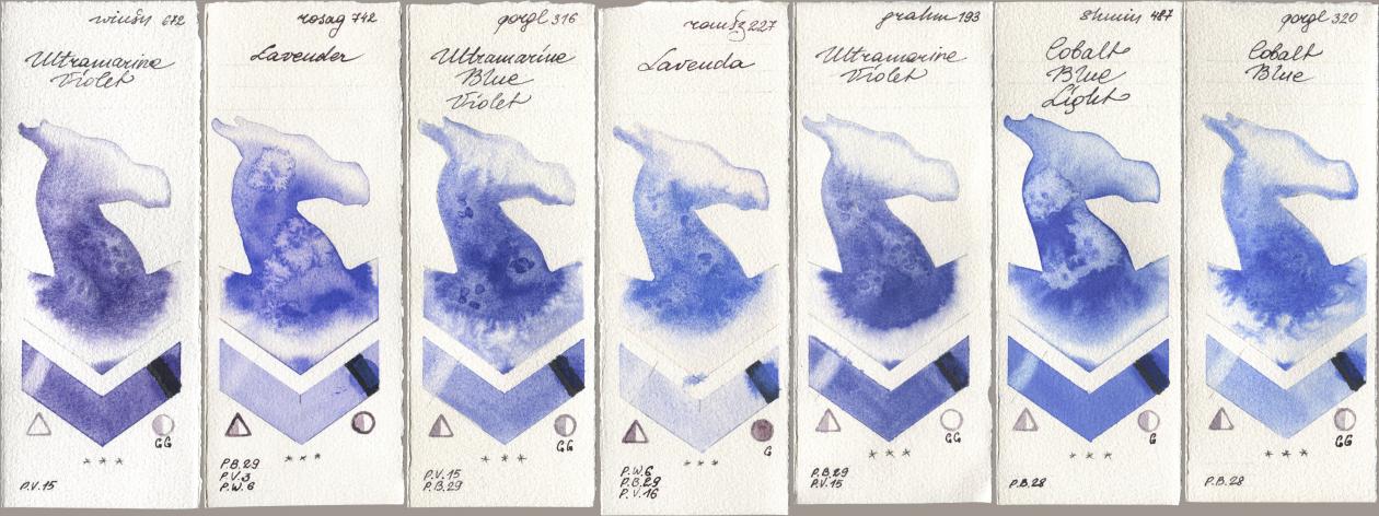 Winsor & Newton Professional 672 Ultramarine Violet, Rosa Gallery 742 Lavender, Golden QOR 316 Ultramarine Blue Violet, Roman Szmal Aquarius 227 Lavenda, M. Graham & Co. Artists 193 Ultramarine Violet, Shminke Horadam Aquarell 487 Cobalt Blue Light, 320 Cobalt Bl watercolor swatch