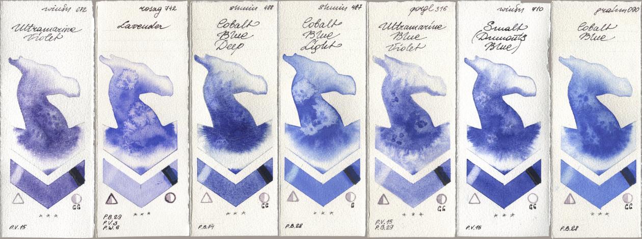 Winsor & Newton Professional 672 Ultramarine Violet, Rosa Gallery 742 Lavender, Shminke Horadam Aquarell 488 Cobalt Blue Deep, 487 Cobalt Blue Light, Golden QOR 316 Ultramarine Blue Violet, 710 Smalt (Dumonts Blue), M. Graham & Co. Artists 090 Cobalt Bl watercolor swatch