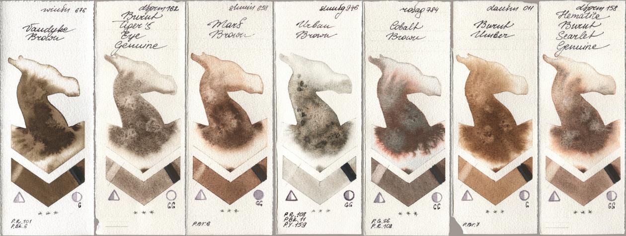 Winsor & Newton Professional 676 Vandyke Brown, Daniel Smith 162 Burnt Tigers Eye Genuine, Shminke Horadam Aquarell 658 Mars Brown, 946 Urban Brown, Rosa Gallery 784 Cobalt Brown, 011 Burnt Umber, 158 Hematite Burnt Scarlet Genui watercolor swatch