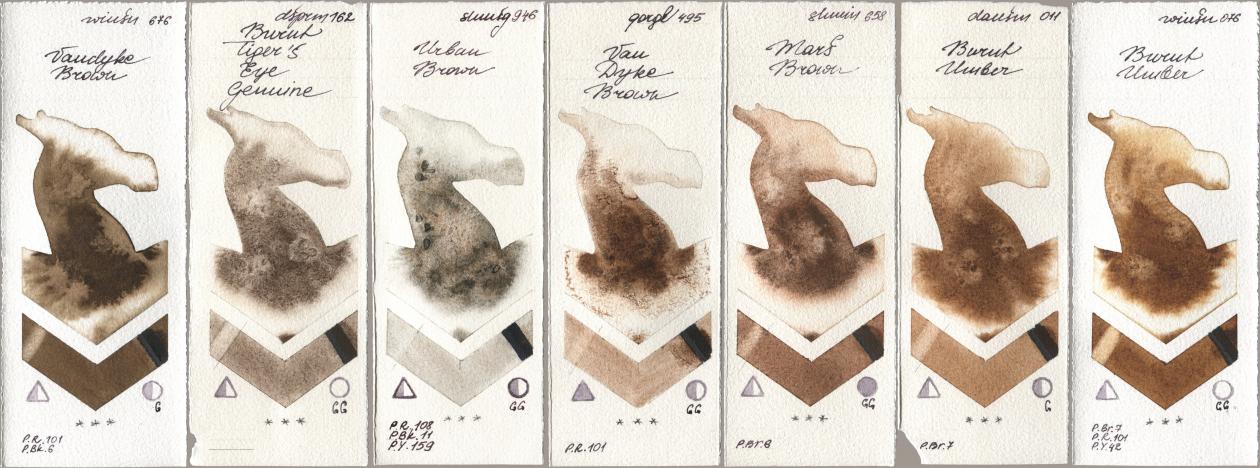 Winsor & Newton Professional 676 Vandyke Brown, Daniel Smith 162 Burnt Tigers Eye Genuine, Shminke Horadam Aquarell 946 Urban Brown, Golden QOR 495 Van Dyke Brown, 658 Mars Brown, 011 Burnt Umber, 076 Burnt Umb watercolor swatch