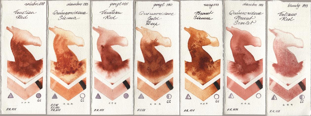 Winsor & Newton Professional 678 Venetian Red, Daniel Smith 093 Quinacridone Sienna, Golden QOR 465 Venetian Red, 160 Quinacridone Gold Deep, Rosa Gallery 733 Burnt Sienna, 087 Quinacridone Burnt Scarlet, Shminke Horadam Aquarell 913 Volcano R watercolor swatch