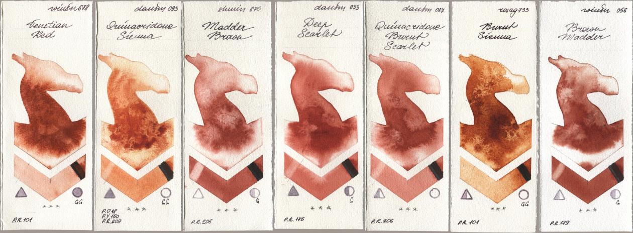 Winsor & Newton Professional 678 Venetian Red, Daniel Smith 093 Quinacridone Sienna, Shminke Horadam Aquarell 670 Madder Brown, 033 Deep Scarlet, 087 Quinacridone Burnt Scarlet, Rosa Gallery 733 Burnt Sienna, 056 Brown Madd watercolor swatch