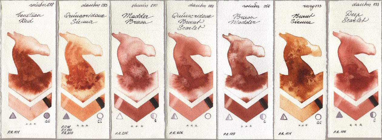 Winsor & Newton Professional 678 Venetian Red, Daniel Smith 093 Quinacridone Sienna, Shminke Horadam Aquarell 670 Madder Brown, 087 Quinacridone Burnt Scarlet, 056 Brown Madder, Rosa Gallery 733 Burnt Sienna, 033 Deep Scarl watercolor swatch