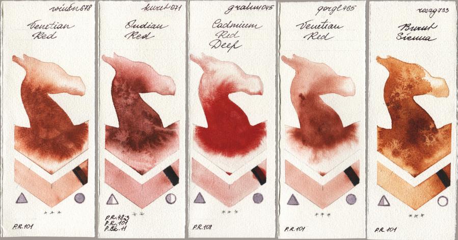Winsor & Newton Professional 678 Venetian Red vs Kuretake Gansai Tambi 071 Indian Red vs M. Graham & Co. Artists 045 Cadmium Red Deep vs Golden QOR 465 Venetian Red vs Rosa Gallery 733 Burnt Sienna watercolor swatch