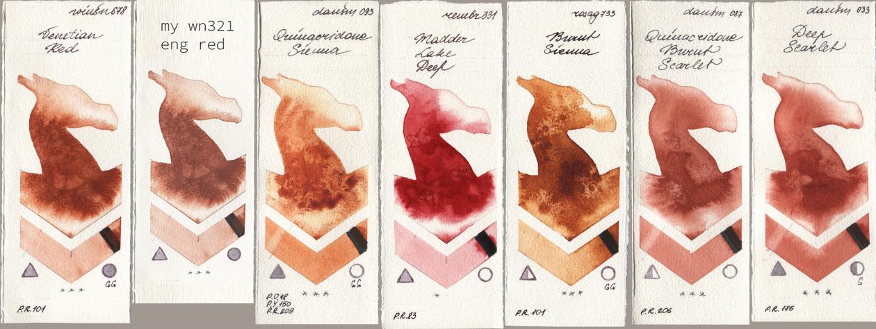 Winsor & Newton Professional 678 Venetian Red, my 034 eng red, Daniel Smith 093 Quinacridone Sienna, Royal Talens Rembrandt Watercolour 331 Madder Lake Deep, Rosa Gallery 733 Burnt Sienna, 087 Quinacridone Burnt Scarlet, 033 Deep Scarl watercolor swatch