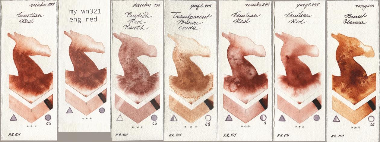 Winsor & Newton Professional 678 Venetian Red, my 034 eng red, Daniel Smith 137 English Red Earth, Golden QOR 475 Transparent Brown Oxide, Royal Talens Rembrandt Watercolour 349 Venerian Red, 465 Venetian Red, Rosa Gallery 733 Burnt Sien watercolor swatch