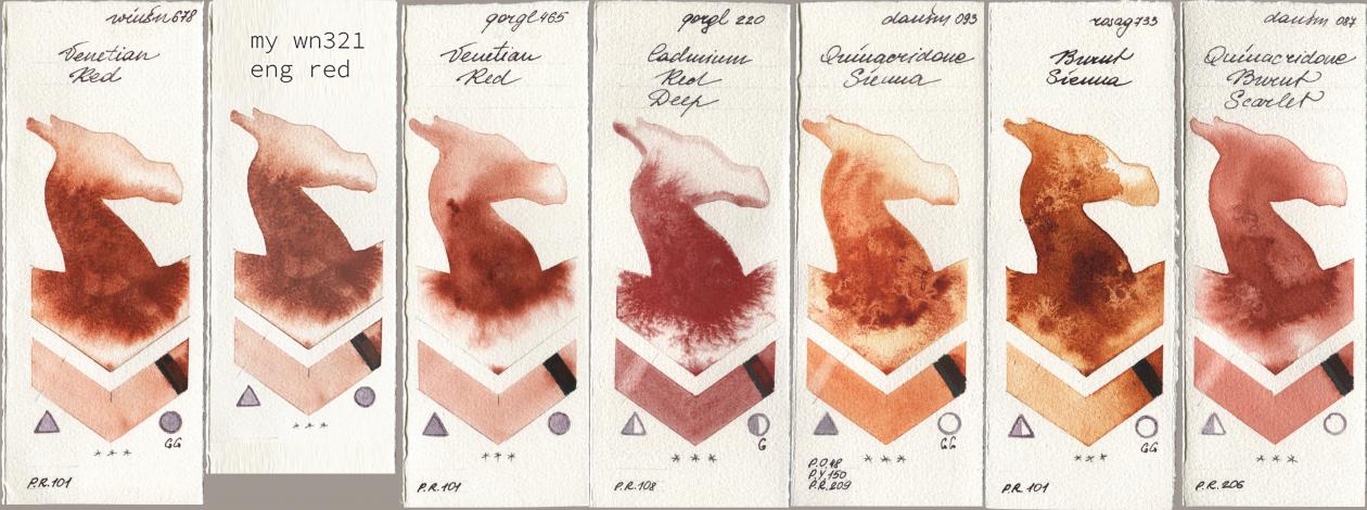 Winsor & Newton Professional 678 Venetian Red, my 034 eng red, Golden QOR 465 Venetian Red, 220 Cadmium Red Deep, Daniel Smith 093 Quinacridone Sienna, Rosa Gallery 733 Burnt Sienna, 087 Quinacridone Burnt Scarl watercolor swatch