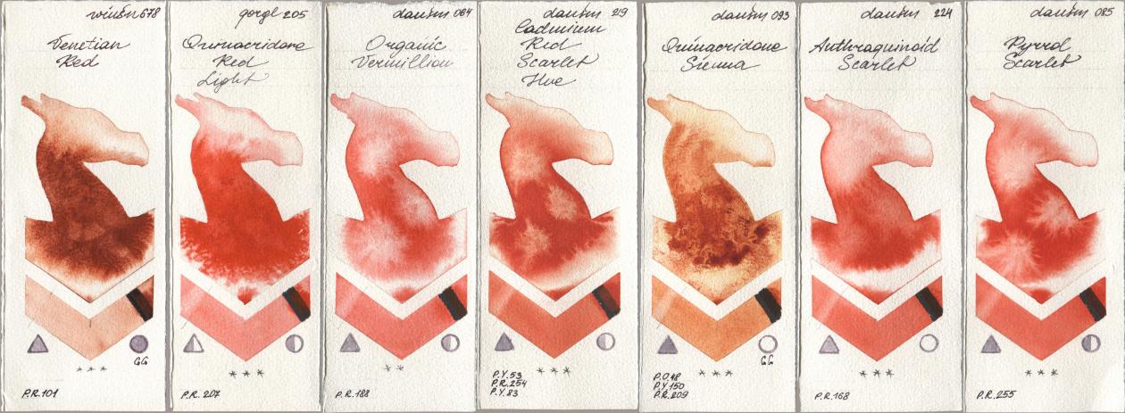 Winsor & Newton Professional 678 Venetian Red, Golden QOR 205 Quinacridone Red Light, Daniel Smith 064 Organic Vermilion, 219 Cadmium Red Scarlet Hue, 093 Quinacridone Sienna, 224 Anthraquinoid Scarlet, 085 Pyrrol Scarl watercolor swatch