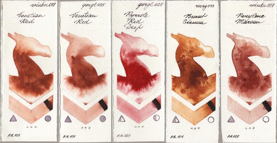 Winsor & Newton Professional 678 Venetian Red vs Golden QOR 465 Venetian Red vs 225 Pyrrole Red Deep vs Rosa Gallery 733 Burnt Sienna vs 507 Perylene Maroon watercolor swatch