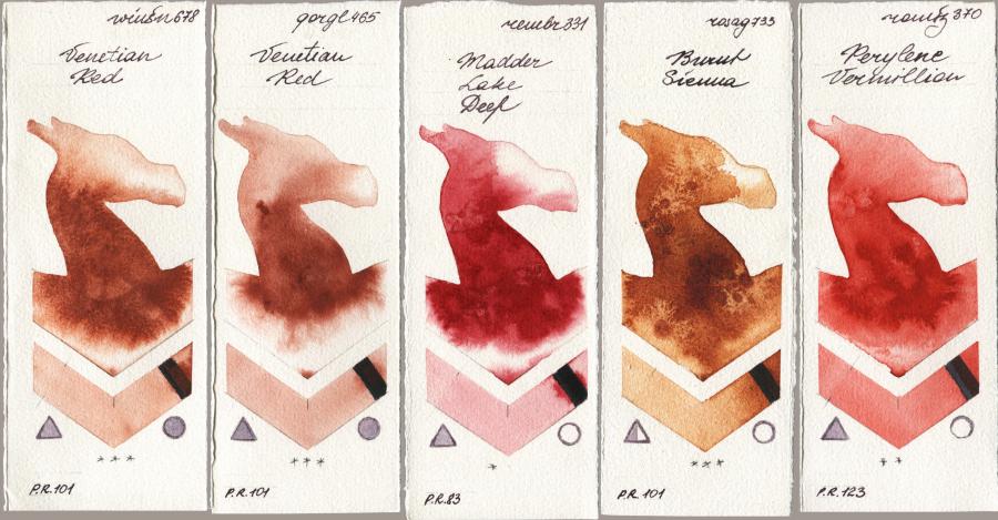 Winsor & Newton Professional 678 Venetian Red vs Golden QOR 465 Venetian Red vs Royal Talens Rembrandt Watercolour 331 Madder Lake Deep vs Rosa Gallery 733 Burnt Sienna vs Roman Szmal Aquarius 370 Perylene Vermillion watercolor swatch