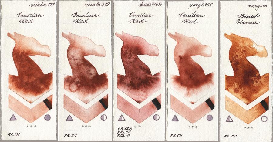 Winsor & Newton Professional 678 Venetian Red vs Royal Talens Rembrandt Watercolour 349 Venerian Red vs Kuretake Gansai Tambi 071 Indian Red vs Golden QOR 465 Venetian Red vs Rosa Gallery 733 Burnt Sienna watercolor swatch