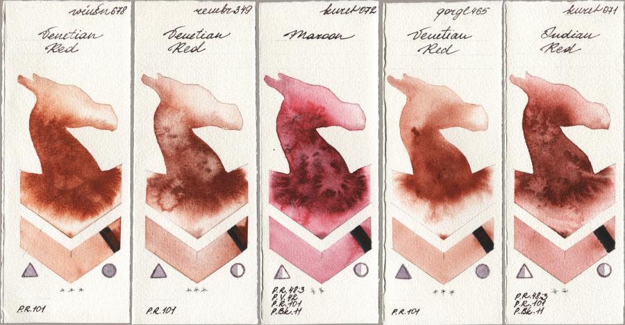 Winsor & Newton Professional 678 Venetian Red vs Royal Talens Rembrandt Watercolour 349 Venerian Red vs Kuretake Gansai Tambi 072 Maroon vs Golden QOR 465 Venetian Red vs 071 Indian Red watercolor swatch