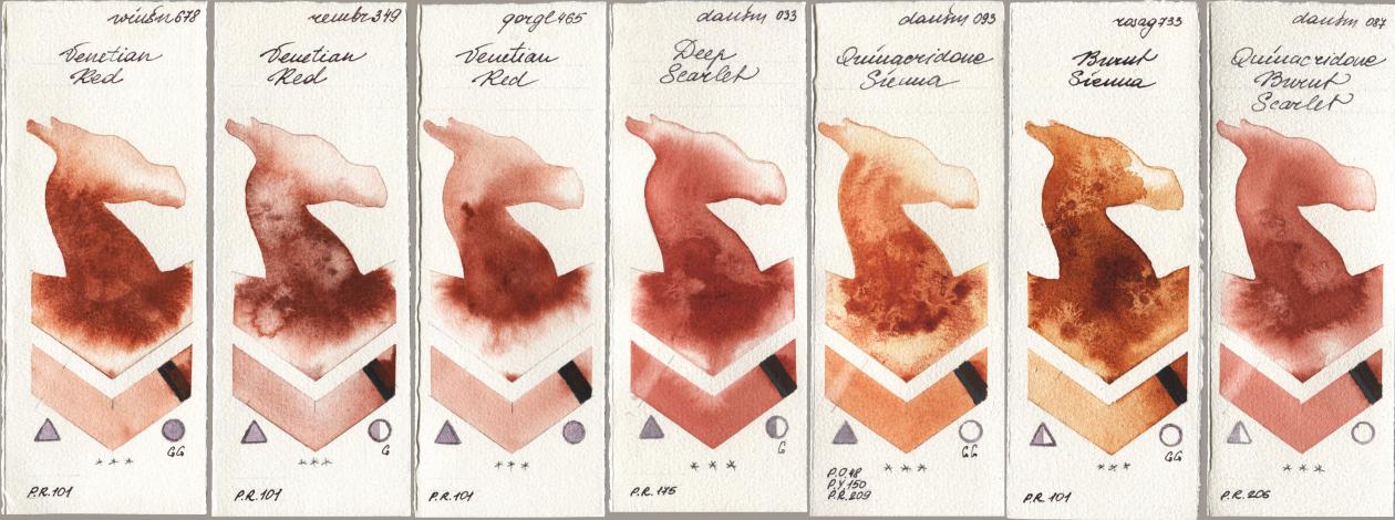 Winsor & Newton Professional 678 Venetian Red, Royal Talens Rembrandt Watercolour 349 Venerian Red, Golden QOR 465 Venetian Red, Daniel Smith 033 Deep Scarlet, 093 Quinacridone Sienna, Rosa Gallery 733 Burnt Sienna, 087 Quinacridone Burnt Scarl watercolor swatch