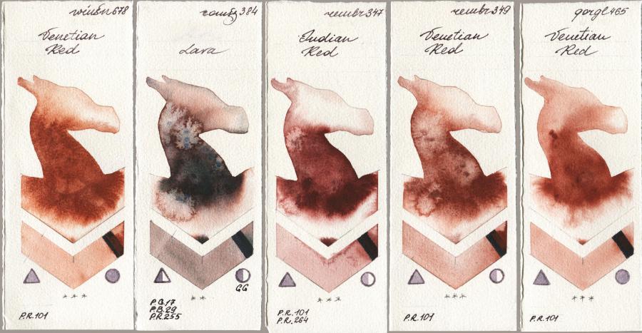 Winsor & Newton Professional 678 Venetian Red vs Roman Szmal Aquarius 384 Lava vs Royal Talens Rembrandt Watercolour 347 Indian Red vs 349 Venerian Red vs Golden QOR 465 Venetian Red watercolor swatch