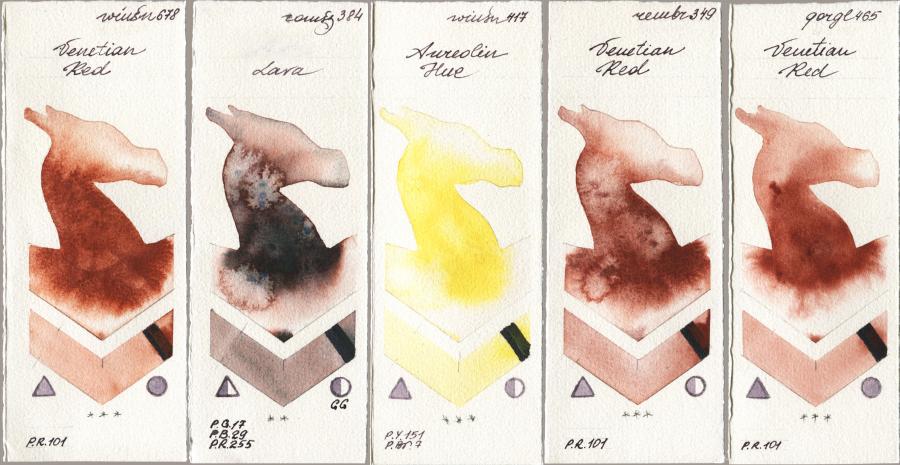Winsor & Newton Professional 678 Venetian Red vs Roman Szmal Aquarius 384 Lava vs 417 Aureolin Hue vs Royal Talens Rembrandt Watercolour 349 Venerian Red vs Golden QOR 465 Venetian Red watercolor swatch