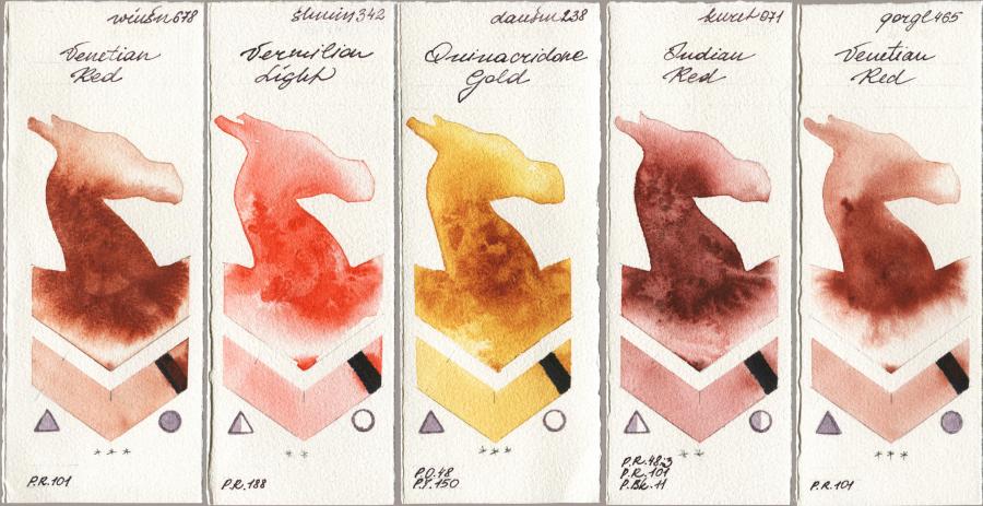 Winsor & Newton Professional 678 Venetian Red vs Shminke Horadam Aquarell 342 Vermilion Light vs Daniel Smith 238 Quinacridone Gold vs Kuretake Gansai Tambi 071 Indian Red vs Golden QOR 465 Venetian Red watercolor swatch