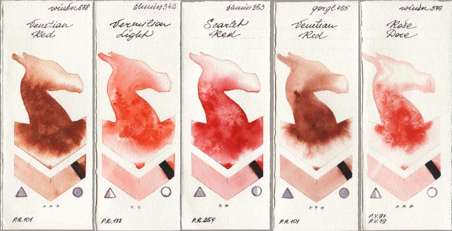 Winsor & Newton Professional 678 Venetian Red vs Shminke Horadam Aquarell 342 Vermilion Light vs 363 Scarlet Red vs Golden QOR 465 Venetian Red vs 576 Rose Dore watercolor swatch