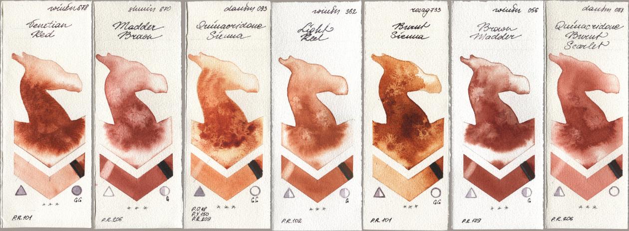 Winsor & Newton Professional 678 Venetian Red, Shminke Horadam Aquarell 670 Madder Brown, Daniel Smith 093 Quinacridone Sienna, 362 Light Red, Rosa Gallery 733 Burnt Sienna, 056 Brown Madder, 087 Quinacridone Burnt Scarl watercolor swatch