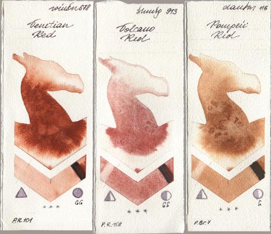 Winsor & Newton Professional 678 Venetian Red, Shminke Horadam Aquarell 913 Volcano Red, Daniel Smith 116 Pompeii R watercolor swatch