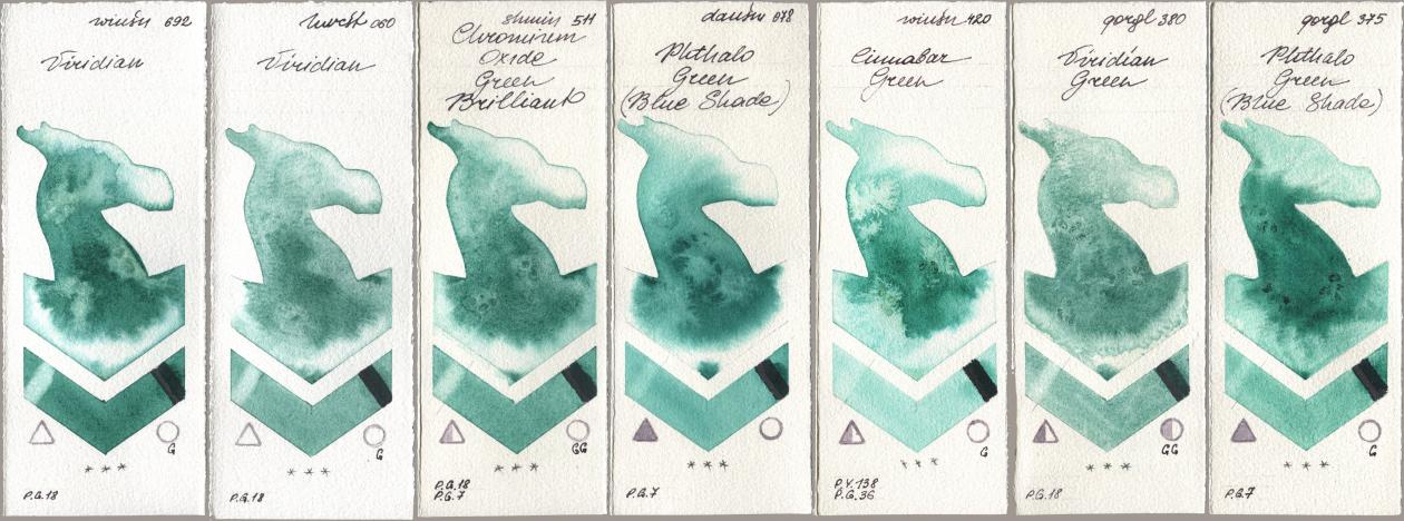 Winsor & Newton Professional 692 Viridian, Holbein Artists Watercolor 060 Viridian, Shminke Horadam Aquarell 511 Chromium Oxide Green Brilliant, Daniel Smith 078 Phthalo Green (Blue Shade), 420 Cinnabar Green, Golden QOR 380 Viridian Green, 375 Phthalo Green (Blue Shad watercolor swatch