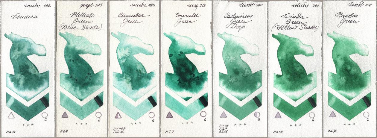 Winsor & Newton Professional 692 Viridian, Golden QOR 375 Phthalo Green (Blue Shade), 420 Cinnabar Green, Rosa Gallery 712 Emerald Green, Holbein Artists Watercolor 070 Cadmium Green Deep, 721 Winsor Green (Yellow shade), 078 Bamboo Gre watercolor swatch