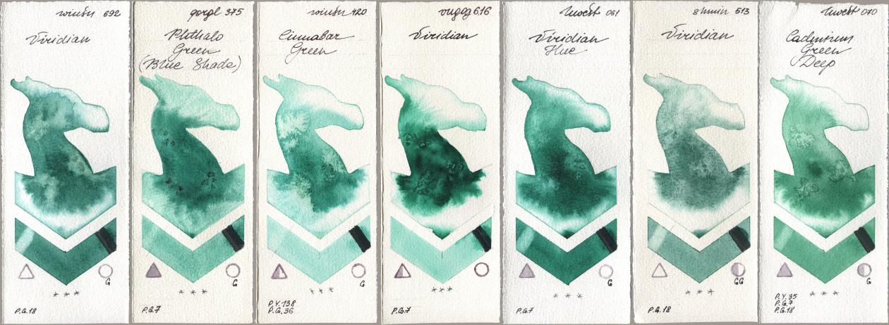 Winsor & Newton Professional 692 Viridian, Golden QOR 375 Phthalo Green (Blue Shade), 420 Cinnabar Green, Royal Talens Van Gogh Watercolour 616 Viridian, Holbein Artists Watercolor 061 Virdian Hue, Shminke Horadam Aquarell 513 Viridian, 070 Cadmium Green De watercolor swatch