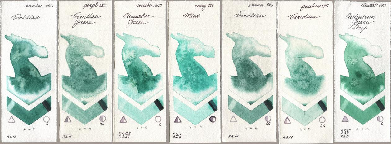 Winsor & Newton Professional 692 Viridian, Golden QOR 380 Viridian Green, 420 Cinnabar Green, Rosa Gallery 754 Mint, Shminke Horadam Aquarell 513 Viridian, M. Graham & Co. Artists 195 Viridian, Holbein Artists Watercolor 070 Cadmium Green De watercolor swatch