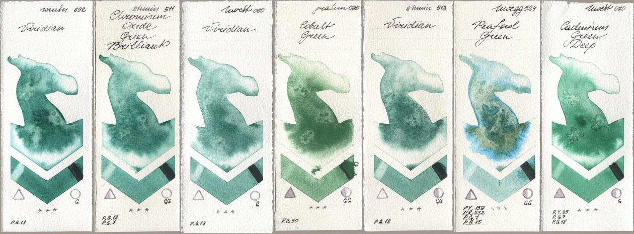 Winsor & Newton Professional 692 Viridian, Shminke Horadam Aquarell 511 Chromium Oxide Green Brilliant, Holbein Artists Watercolor 060 Viridian, M. Graham & Co. Artists 095 Cobalt Green, 513 Viridian, 524 Peafowl Green, 070 Cadmium Green De watercolor swatch