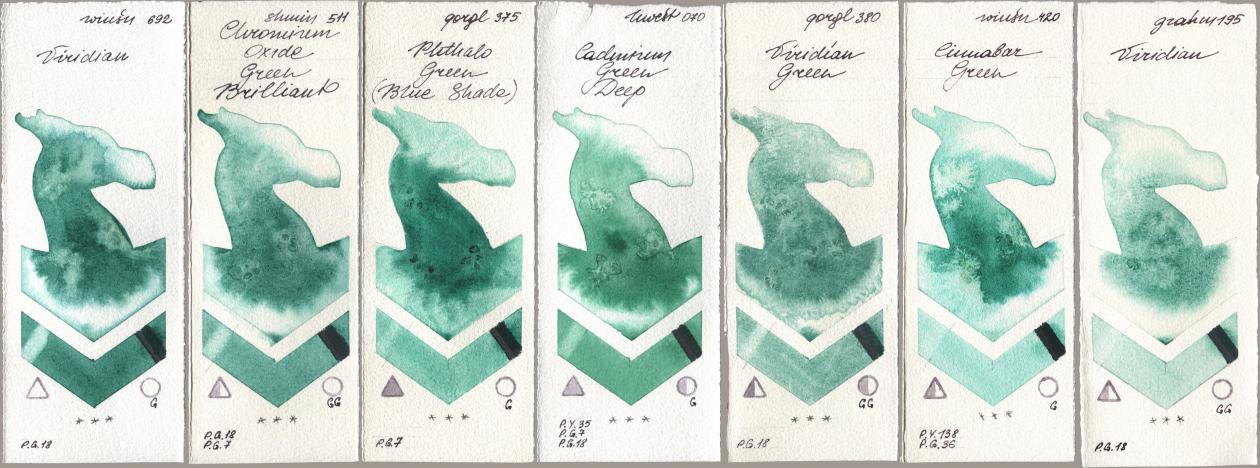 Winsor & Newton Professional 692 Viridian, Shminke Horadam Aquarell 511 Chromium Oxide Green Brilliant, Golden QOR 375 Phthalo Green (Blue Shade), Holbein Artists Watercolor 070 Cadmium Green Deep, 380 Viridian Green, 420 Cinnabar Green, M. Graham & Co. Artists 195 Viridi watercolor swatch