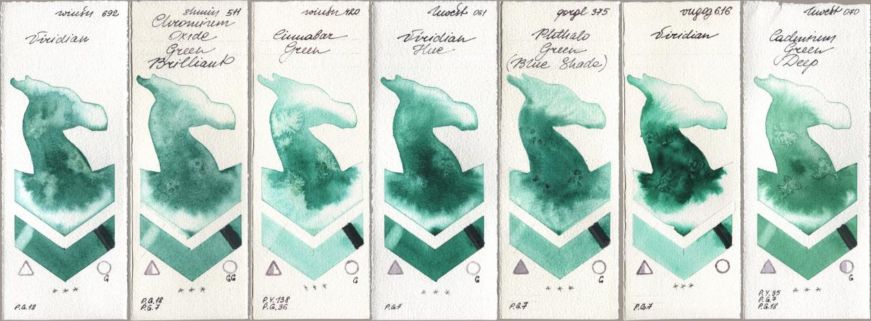 Winsor & Newton Professional 692 Viridian, Shminke Horadam Aquarell 511 Chromium Oxide Green Brilliant, 420 Cinnabar Green, Holbein Artists Watercolor 061 Virdian Hue, Golden QOR 375 Phthalo Green (Blue Shade), Royal Talens Van Gogh Watercolour 616 Viridian, 070 Cadmium Green De watercolor swatch