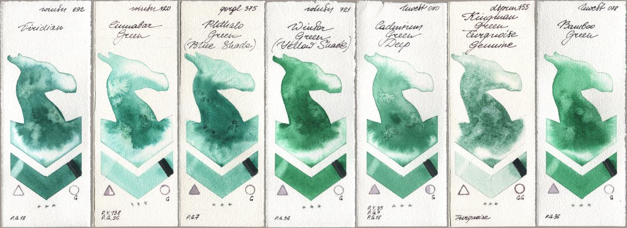 Winsor & Newton Professional 692 Viridian, 420 Cinnabar Green, Golden QOR 375 Phthalo Green (Blue Shade), 721 Winsor Green (Yellow shade), Holbein Artists Watercolor 070 Cadmium Green Deep, Daniel Smith 155 Kingman Green Turquoise Genuine, 078 Bamboo Gre watercolor swatch