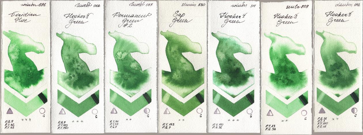 Winsor & Newton Professional 696 Viridian Hue, Holbein Artists Watercolor 062 Hookers Green, 067 Permanent Green No 2, Shminke Horadam Aquarell 530 Sap Green, 311 Hookers Green, Sennelier l Aquarelle 809 Hookers Green, Daniel Smith 042 Hookers Gre watercolor swatch