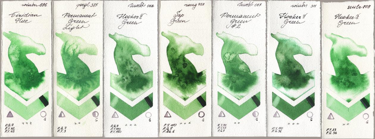 Winsor & Newton Professional 696 Viridian Hue, Golden QOR 385 Permanent Green Light, Holbein Artists Watercolor 062 Hookers Green, Rosa Gallery 728 Sap Green, 067 Permanent Green No 2, 311 Hookers Green, Sennelier l Aquarelle 809 Hookers Gre watercolor swatch