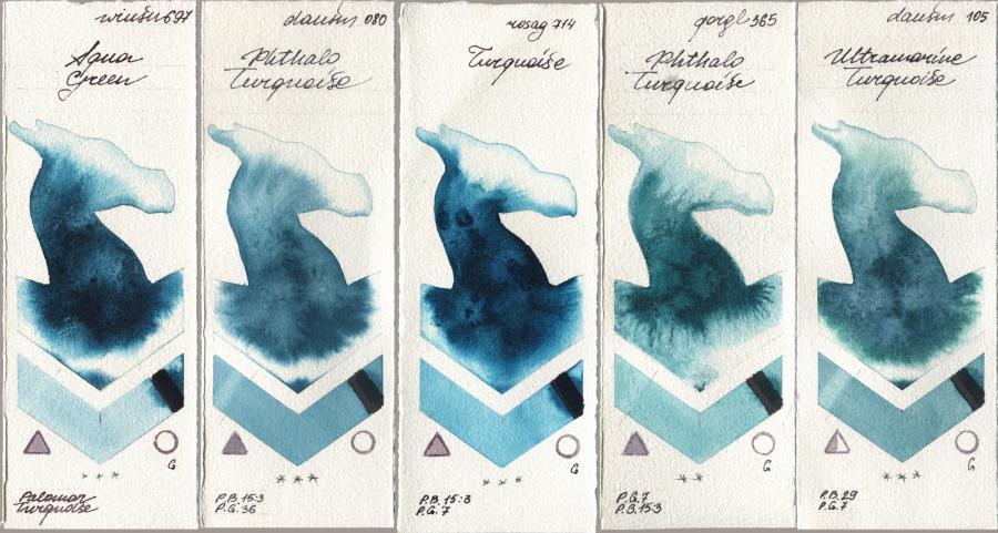 Winsor & Newton Professional 697 Aqua Green, Daniel Smith 080 Phthalo Turquoise, Rosa Gallery 714 Turquoise, Golden QOR 365 Phthalo Turquoise, 105 Ultramarine Turquoi watercolor swatch