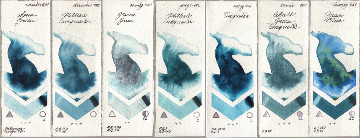 Winsor & Newton Professional 697 Aqua Green, Daniel Smith 080 Phthalo Turquoise, Shminke Horadam Aquarell 963 Glacier Green, Golden QOR 365 Phthalo Turquoise, Rosa Gallery 714 Turquoise, 510 Cobalt Green Turquoise, Holbein Artists Watercolor 531 Ocean Bl watercolor swatch