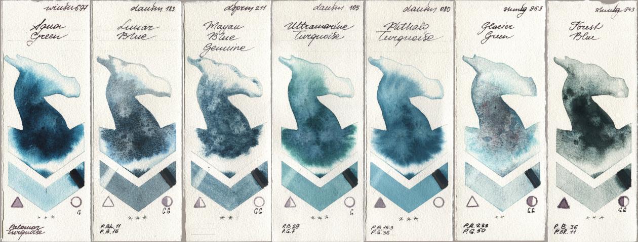 Winsor & Newton Professional 697 Aqua Green, Daniel Smith 183 Lunar Blue, 211 Mayan Blue Genuine, 105 Ultramarine Turquoise, 080 Phthalo Turquoise, Shminke Horadam Aquarell 963 Glacier Green, 943 Forest Bl watercolor swatch