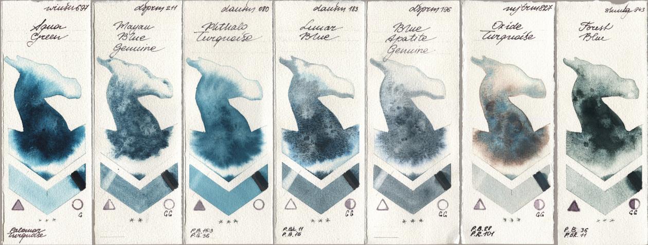 Winsor & Newton Professional 697 Aqua Green, Daniel Smith 211 Mayan Blue Genuine, 080 Phthalo Turquoise, 183 Lunar Blue, 196 Blue Apatite Genuine, Mijello Mission Gold 827 Oxide Turquoise, Shminke Horadam Aquarell 943 Forest Bl watercolor swatch