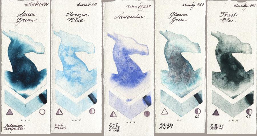 Winsor & Newton Professional 697 Aqua Green vs Kuretake Gansai Tambi 069 Horizon Blue vs Roman Szmal Aquarius 227 Lavenda vs Shminke Horadam Aquarell 963 Glacier Green vs 943 Forest Blue watercolor swatch