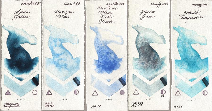 Winsor & Newton Professional 697 Aqua Green vs Kuretake Gansai Tambi 069 Horizon Blue vs Sennelier l Aquarelle 305 Cerulean Blue Red Shade vs Shminke Horadam Aquarell 963 Glacier Green vs Rosa Gallery 741 Cobalt Turquoise watercolor swatch