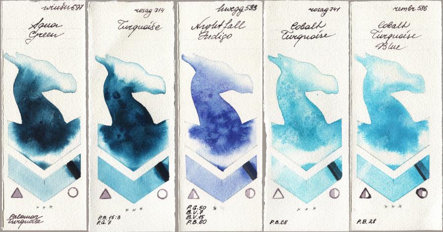 Winsor & Newton Professional 697 Aqua Green vs Rosa Gallery 714 Turquiose vs Holbein Artists Watercolor 533 Nightfall Indigo vs 741 Cobalt Turquoise vs Royal Talens Rembrandt Watercolour 586 Cobalt Turquoise Blue watercolor swatch
