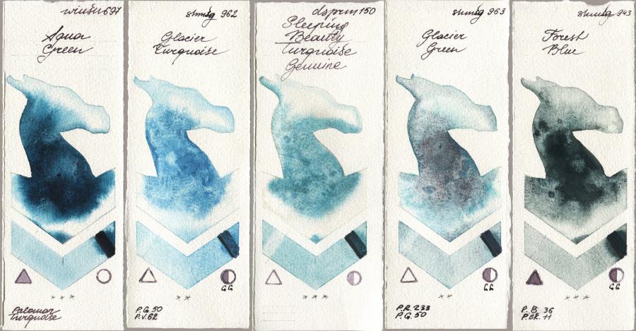 Winsor & Newton Professional 697 Aqua Green vs Shminke Horadam Aquarell 962 Glacier Turquoise vs Daniel Smith 150 Sleeping Beauty Turquoise Genuine vs 963 Glacier Green vs 943 Forest Blue watercolor swatch