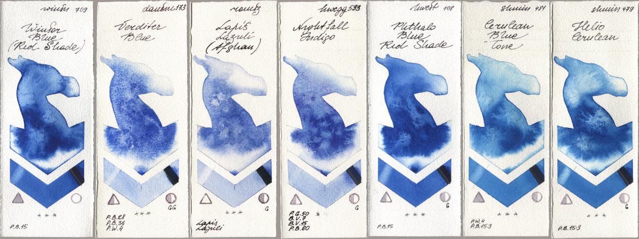 Winsor & Newton Professional 709 Winsor Blue (Red Shade), Daniel Smith 173 Verditer Blue, Roman Szmal Aquarius 999 Lapis Lazuli Afghan, Holbein Artists Watercolor 533 Nightfall Indigo, 108 Phthalo Blue Red Shade, Shminke Horadam Aquarell 481 Cerulean Blue Tone, 479 Helio Cerule watercolor swatch