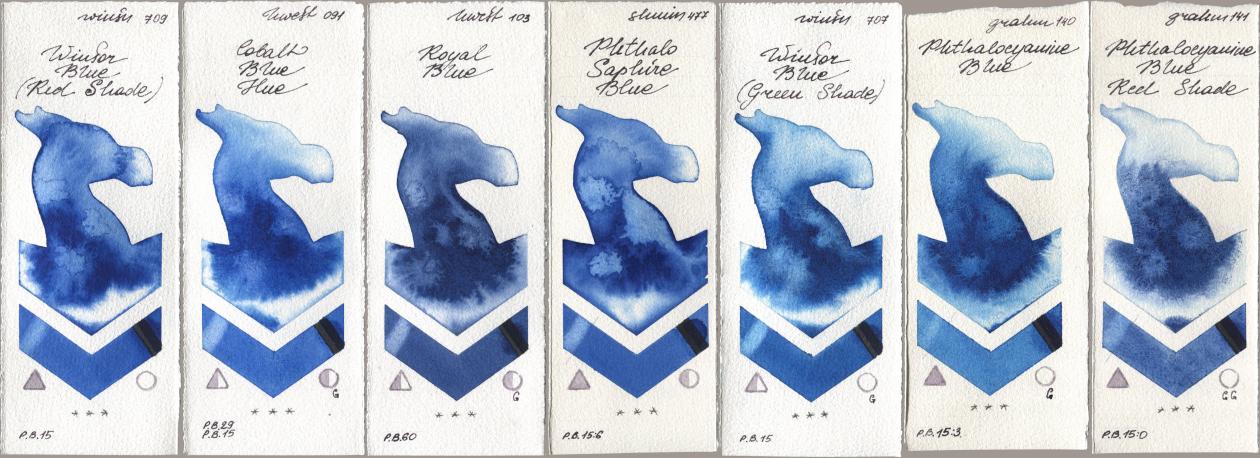 Winsor & Newton Professional 709 Winsor Blue (Red Shade), Holbein Artists Watercolor 091 Cobalt Blue Hue, 103 Royal Blue, Shminke Horadam Aquarell 477 Phthalo Saphire Blue, 707 Winsor Blue (Green Shade), M. Graham & Co. Artists 140 Phthalocyanine Blue, 141 Phthalocyanine Blue Red Sha watercolor swatch