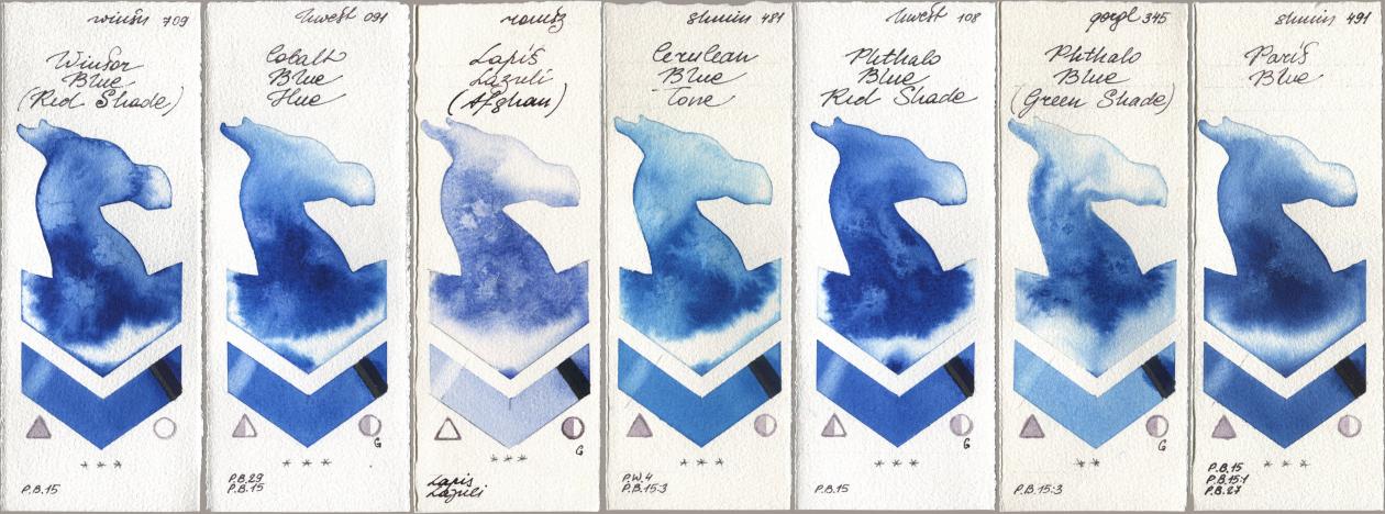 Winsor & Newton Professional 709 Winsor Blue (Red Shade), Holbein Artists Watercolor 091 Cobalt Blue Hue, Roman Szmal Aquarius 999 Lapis Lazuli Afghan, Shminke Horadam Aquarell 481 Cerulean Blue Tone, 108 Phthalo Blue Red Shade, Golden QOR 345 Phthalo Blue (Green Shade), 491 Paris Bl watercolor swatch