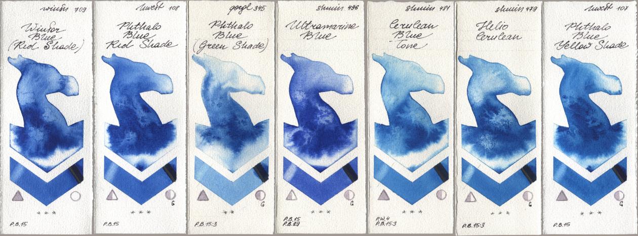 Winsor & Newton Professional 709 Winsor Blue (Red Shade), Holbein Artists Watercolor 108 Phthalo Blue Red Shade, Golden QOR 345 Phthalo Blue (Green Shade), Shminke Horadam Aquarell 496 Ultramarine Blue, 481 Cerulean Blue Tone, 479 Helio Cerulean, 107 Phthalo Blue Yellow Sha watercolor swatch