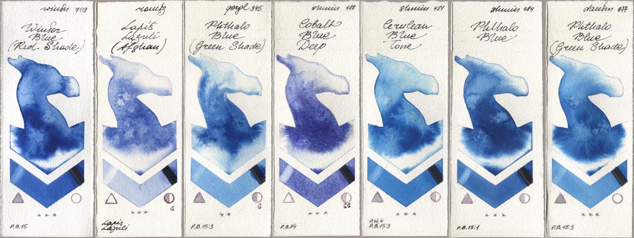 Winsor & Newton Professional 709 Winsor Blue (Red Shade), Roman Szmal Aquarius 999 Lapis Lazuli Afghan, Golden QOR 345 Phthalo Blue (Green Shade), Shminke Horadam Aquarell 488 Cobalt Blue Deep, 481 Cerulean Blue Tone, 484 Phthalo Blue, Daniel Smith 077 Phthalo Blue (Green Shad watercolor swatch