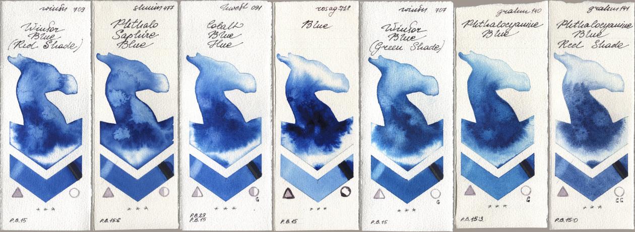 Winsor & Newton Professional 709 Winsor Blue (Red Shade), Shminke Horadam Aquarell 477 Phthalo Saphire Blue, Holbein Artists Watercolor 091 Cobalt Blue Hue, Rosa Gallery 718 Blue, 707 Winsor Blue (Green Shade), M. Graham & Co. Artists 140 Phthalocyanine Blue, 141 Phthalocyanine Blue Red Sha watercolor swatch